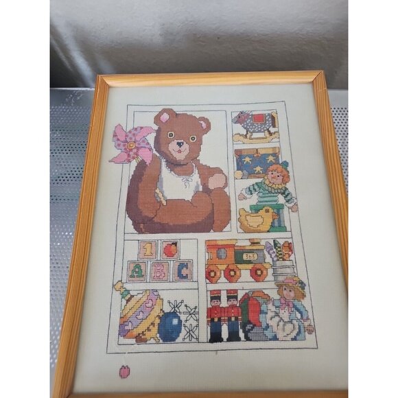 Bucilla Cross Stitch Pinwheel Teddy Framed Vintage 15" By 11.5" - Picture 1 of 6